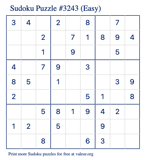 Free Printable Easy Sudoku Puzzle number 3243
