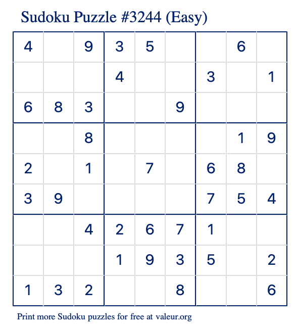 Free Printable Easy Sudoku Puzzle number 3244