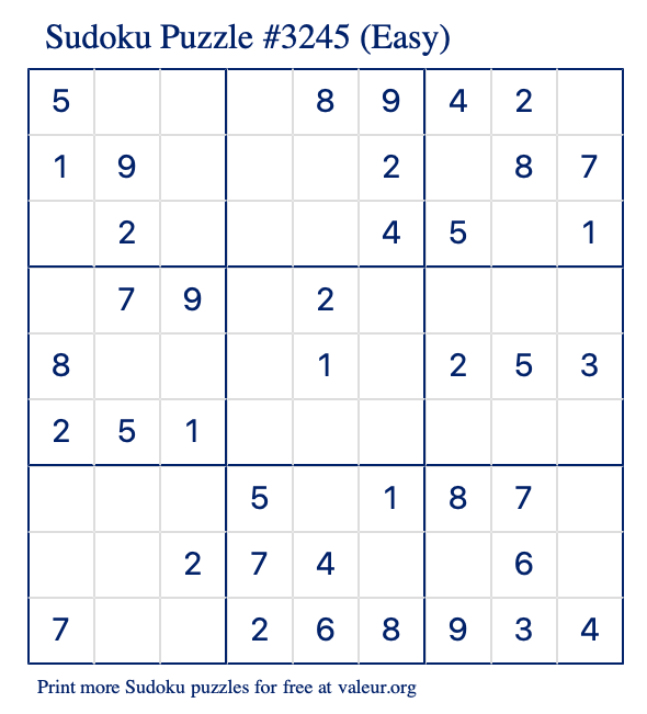 Free Printable Easy Sudoku Puzzle number 3245