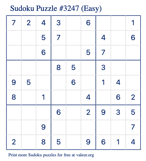 Free Printable Easy Sudoku Puzzle number 3247