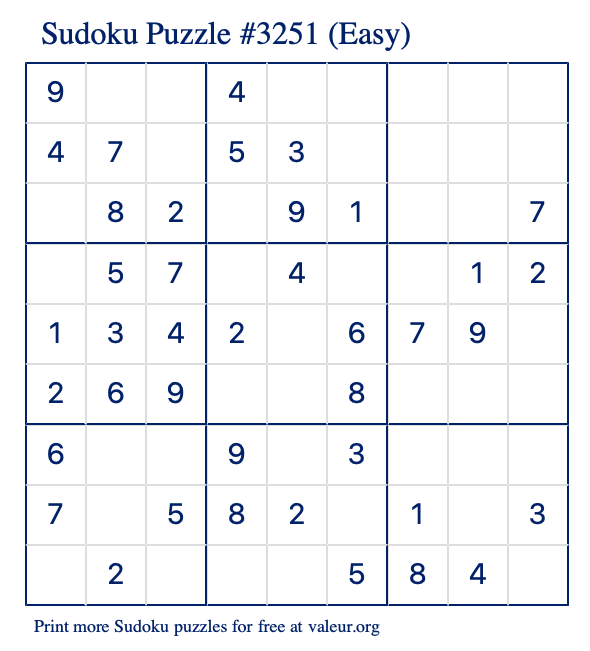 Free Printable Easy Sudoku Puzzle number 3251