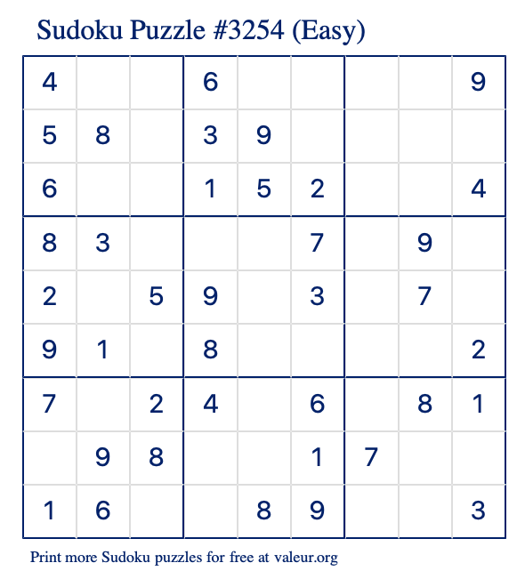 Free Printable Easy Sudoku Puzzle number 3254