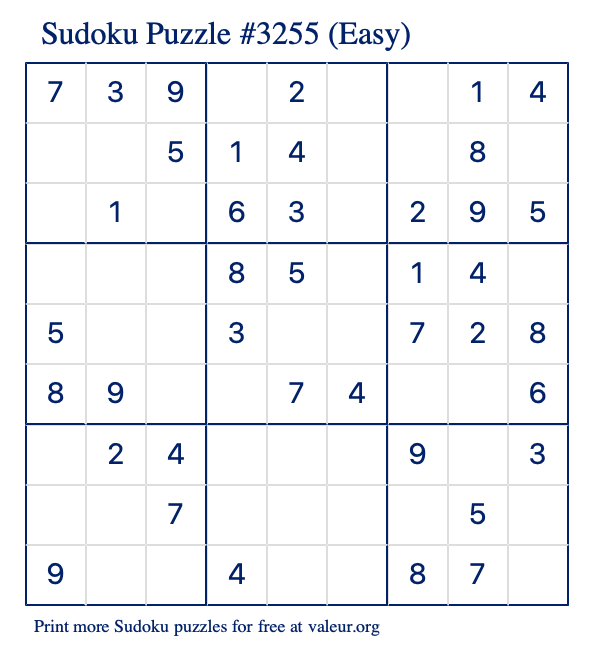 Free Printable Easy Sudoku Puzzle number 3255