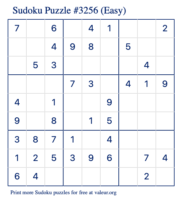 Free Printable Easy Sudoku Puzzle number 3256