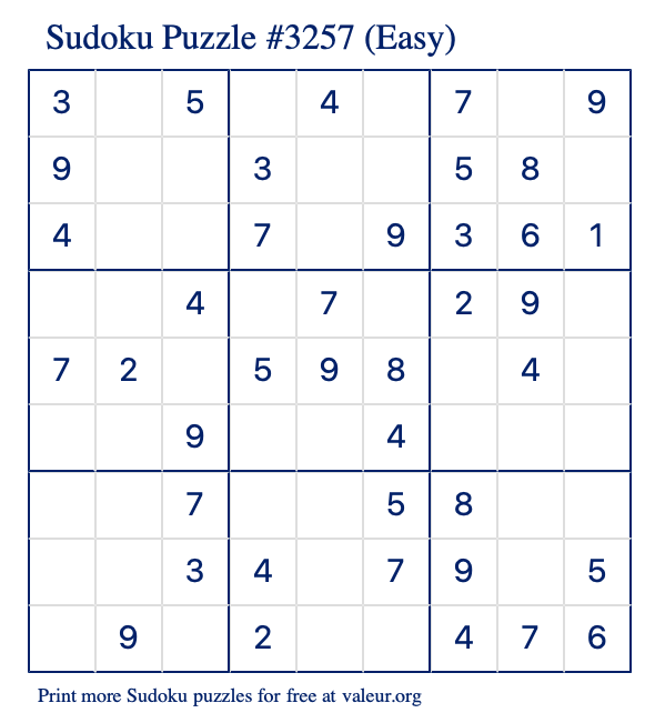 Free Printable Easy Sudoku Puzzle number 3257