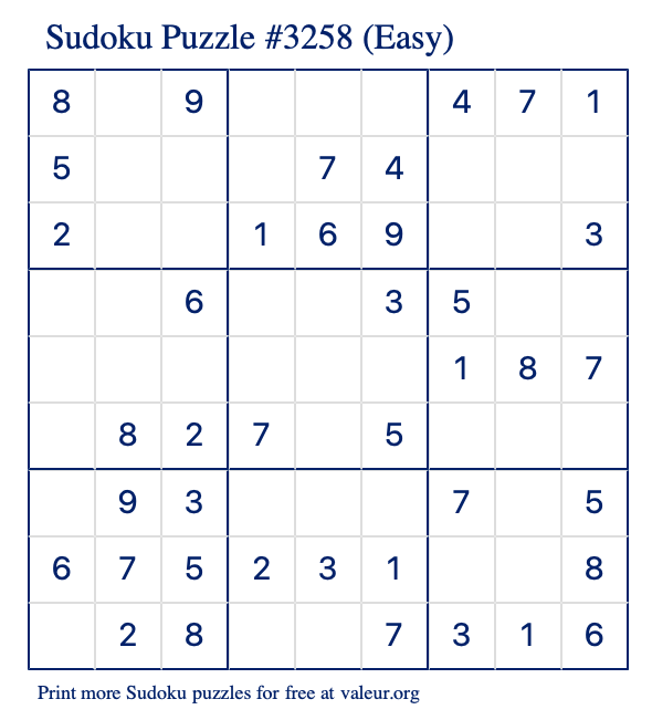 Free Printable Easy Sudoku Puzzle number 3258
