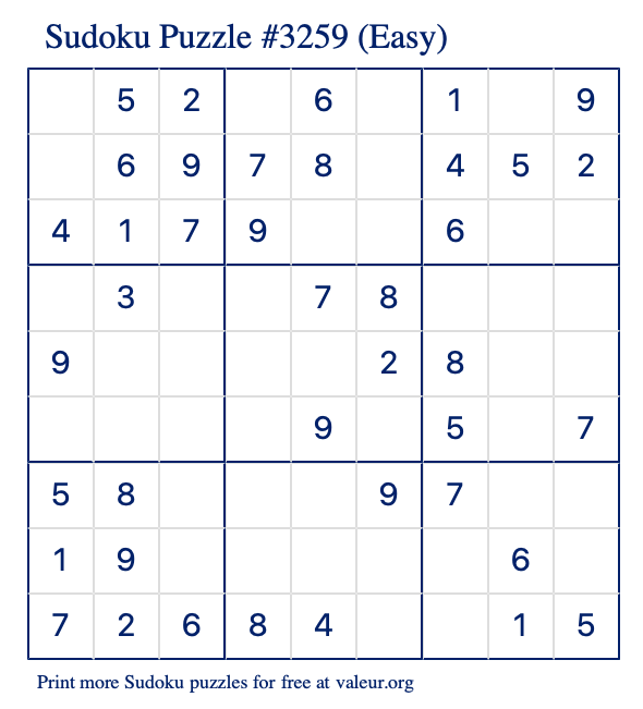 Free Printable Easy Sudoku Puzzle number 3259