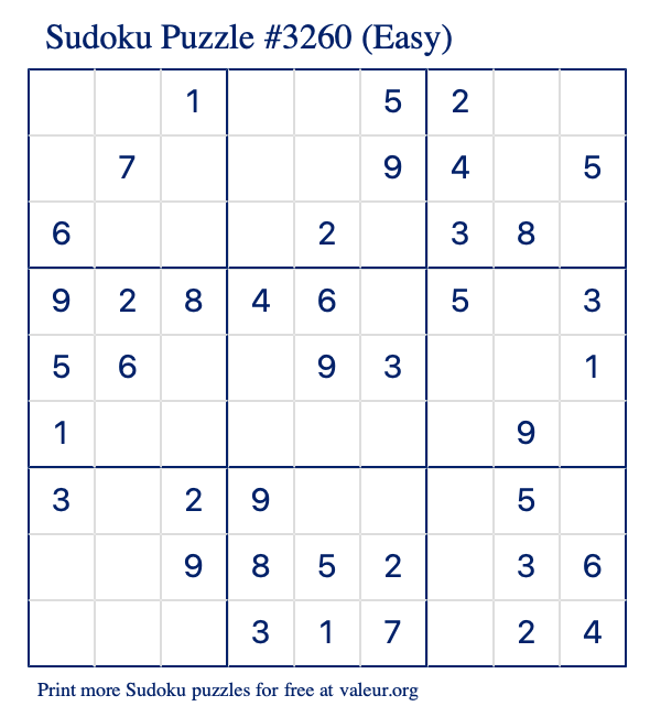 Free Printable Easy Sudoku Puzzle number 3260