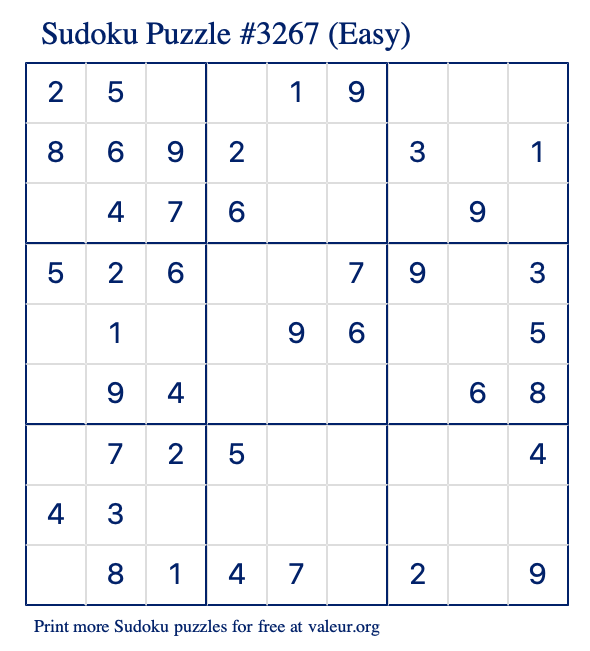 Free Printable Easy Sudoku Puzzle number 3267