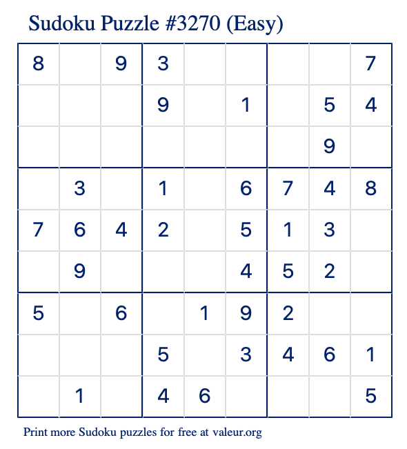 Free Printable Easy Sudoku Puzzle number 3270