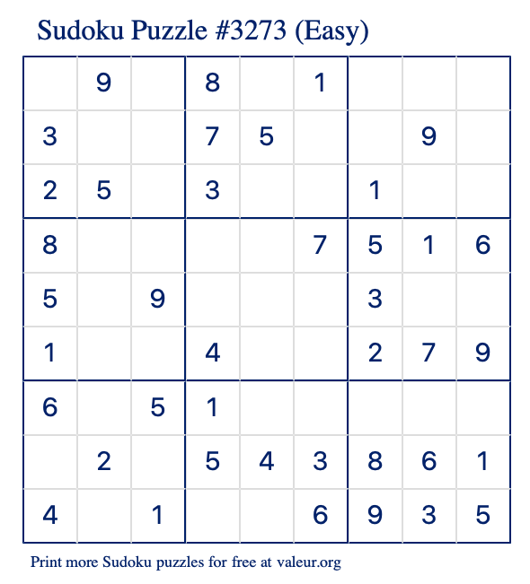 Free Printable Easy Sudoku Puzzle number 3273