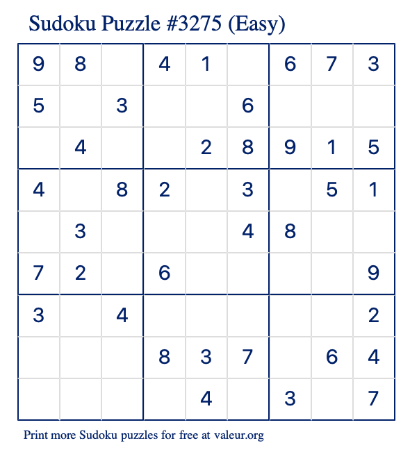 Free Printable Easy Sudoku Puzzle number 3275