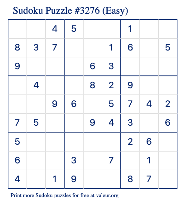 Free Printable Easy Sudoku Puzzle number 3276