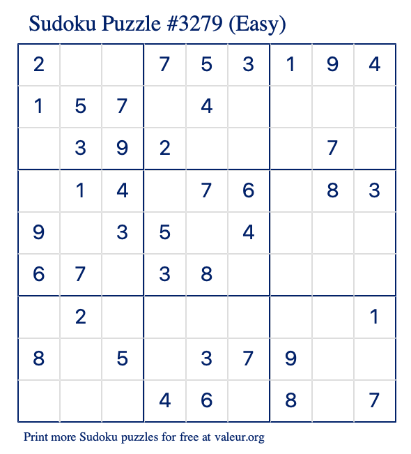 Free Printable Easy Sudoku Puzzle number 3279