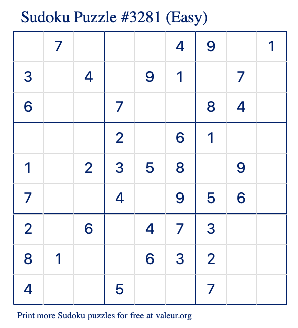 Free Printable Easy Sudoku Puzzle number 3281