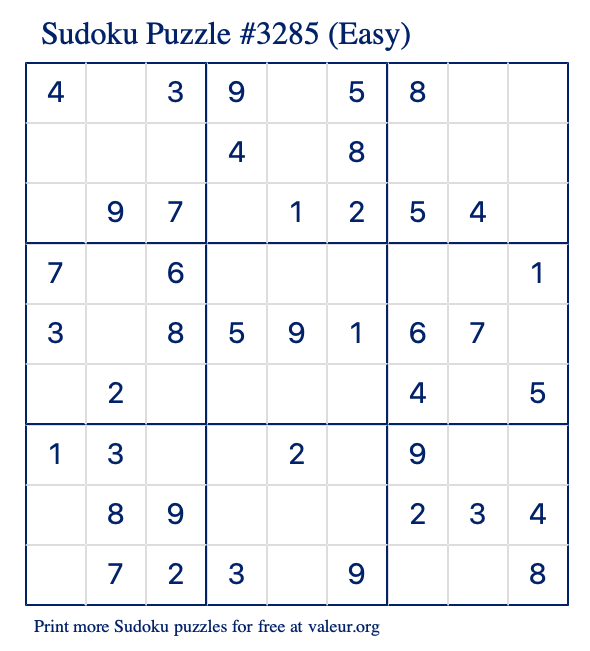 Free Printable Easy Sudoku Puzzle number 3285