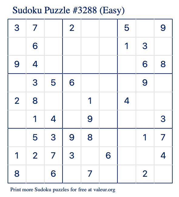Free Printable Easy Sudoku Puzzle number 3288