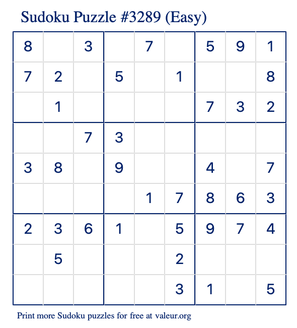 Free Printable Easy Sudoku Puzzle number 3289