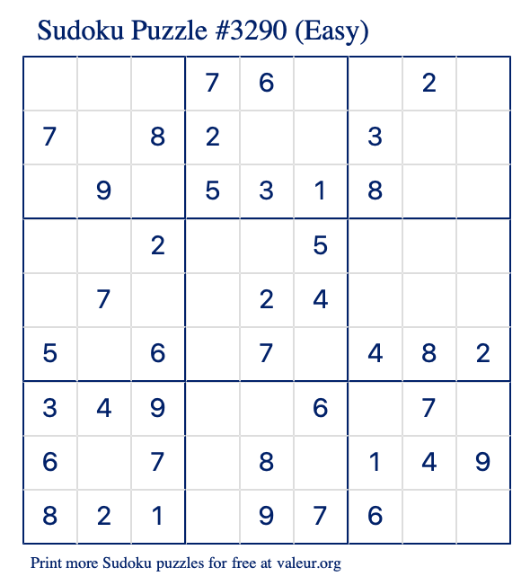 Free Printable Easy Sudoku Puzzle number 3290