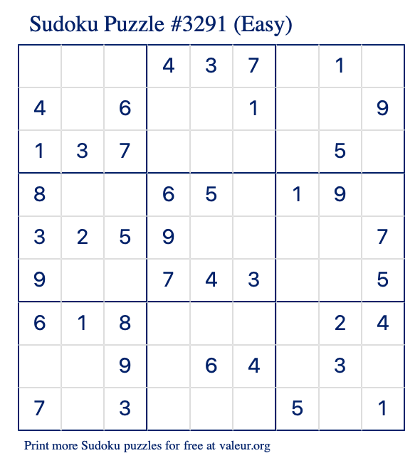 Free Printable Easy Sudoku Puzzle number 3291