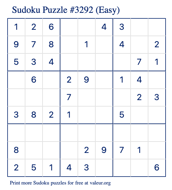 Free Printable Easy Sudoku Puzzle number 3292