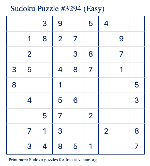 Free Printable Easy Sudoku Puzzle number 3294