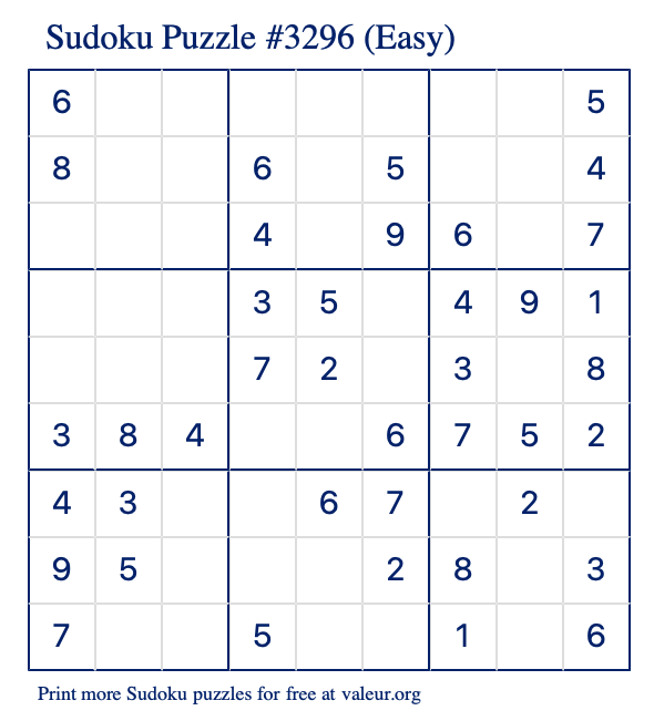 Free Printable Easy Sudoku Puzzle number 3296