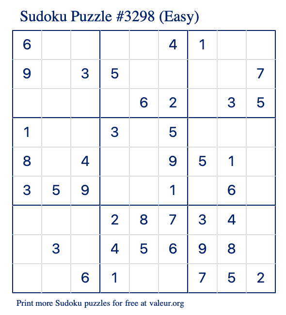 Free Printable Easy Sudoku Puzzle number 3298
