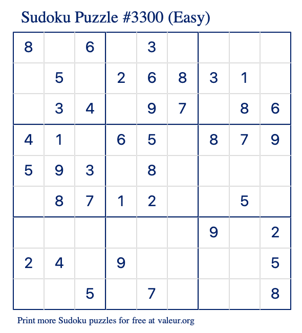 Free Printable Easy Sudoku Puzzle number 3300