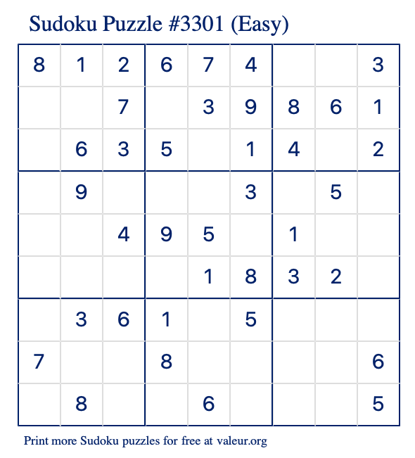 Free Printable Easy Sudoku Puzzle number 3301
