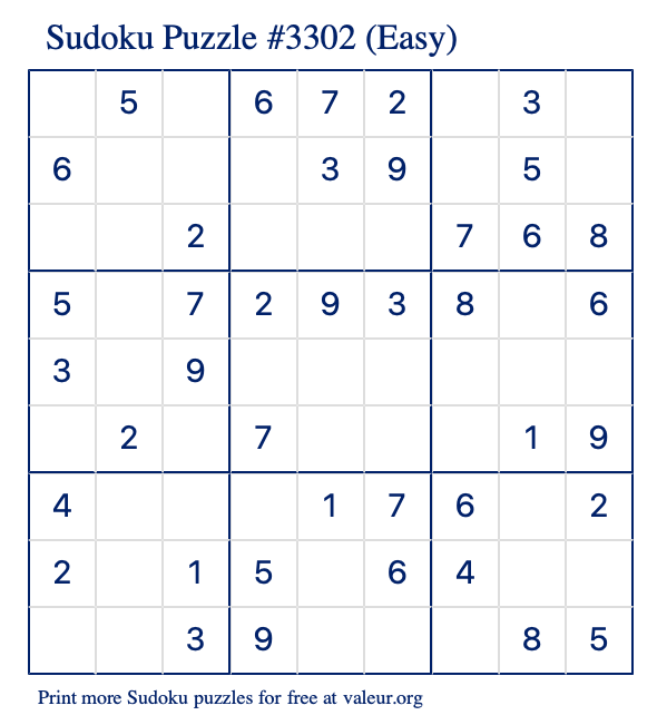 Free Printable Easy Sudoku Puzzle number 3302