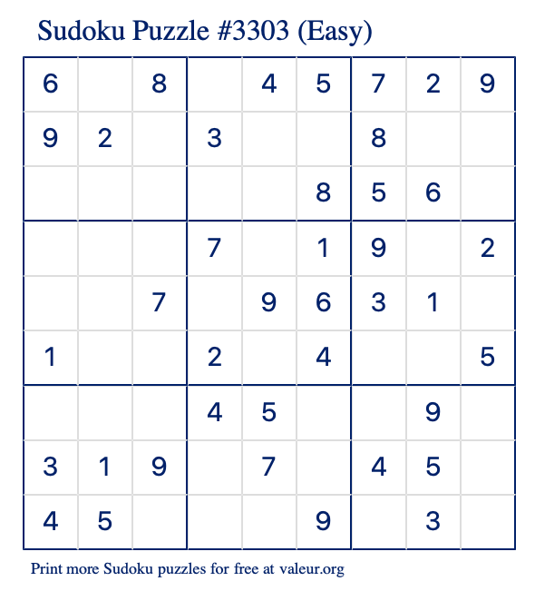 Free Printable Easy Sudoku Puzzle number 3303