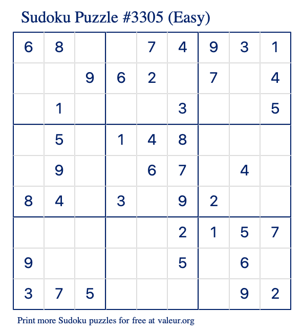 Free Printable Easy Sudoku Puzzle number 3305