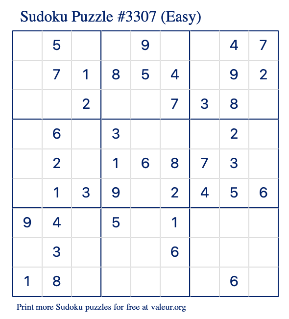 Free Printable Easy Sudoku Puzzle number 3307