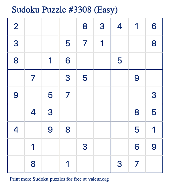 Free Printable Easy Sudoku Puzzle number 3308