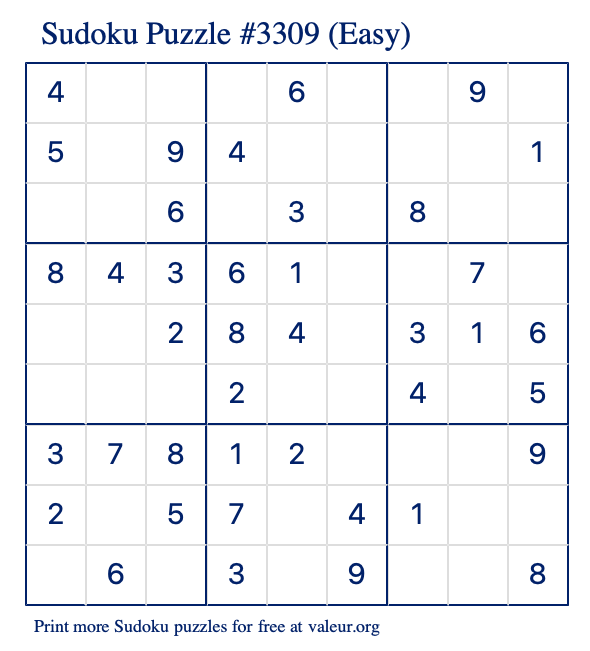 Free Printable Easy Sudoku Puzzle number 3309