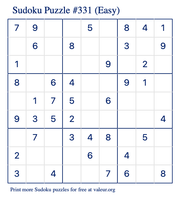 Free Printable Easy Sudoku Puzzle number 331