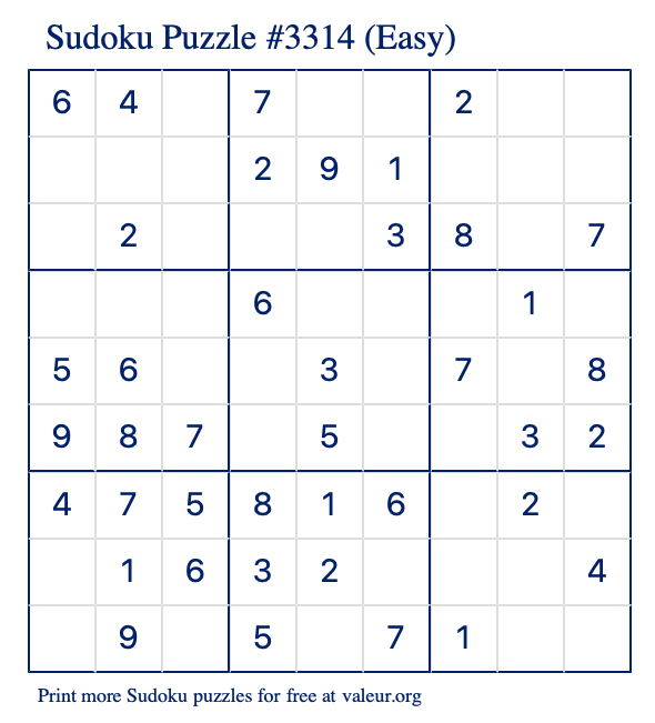 Free Printable Easy Sudoku Puzzle number 3314