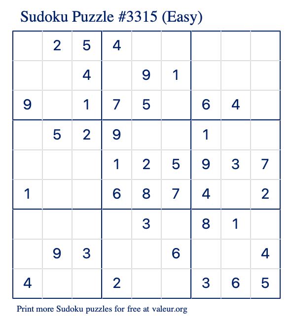 Free Printable Easy Sudoku Puzzle number 3315