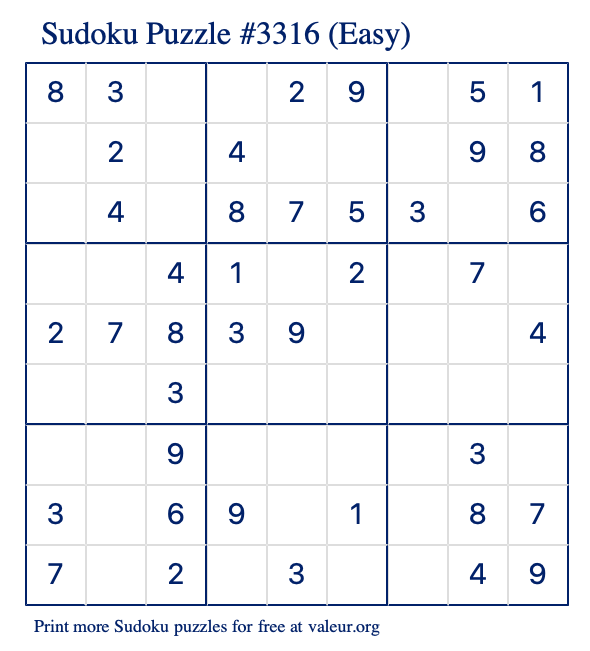Free Printable Easy Sudoku Puzzle number 3316