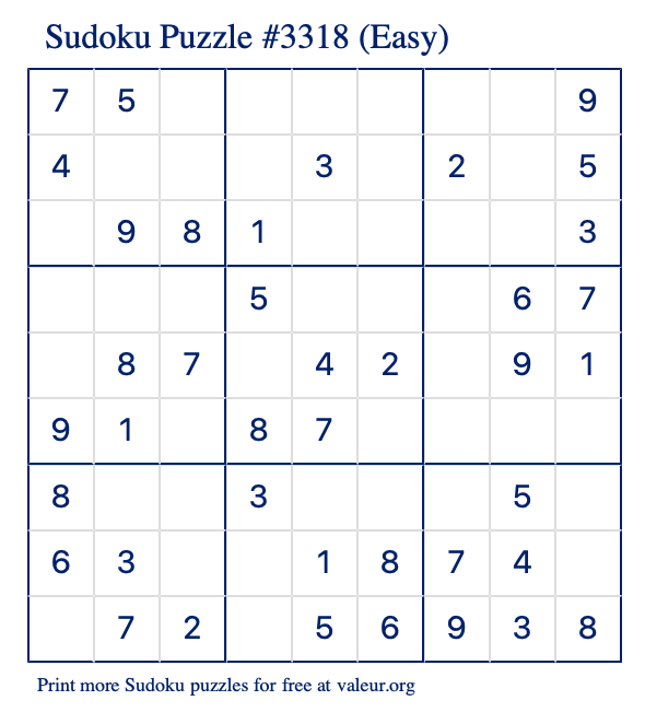 Free Printable Easy Sudoku Puzzle number 3318