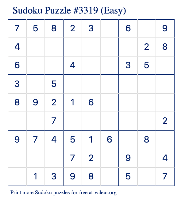 Free Printable Easy Sudoku Puzzle number 3319
