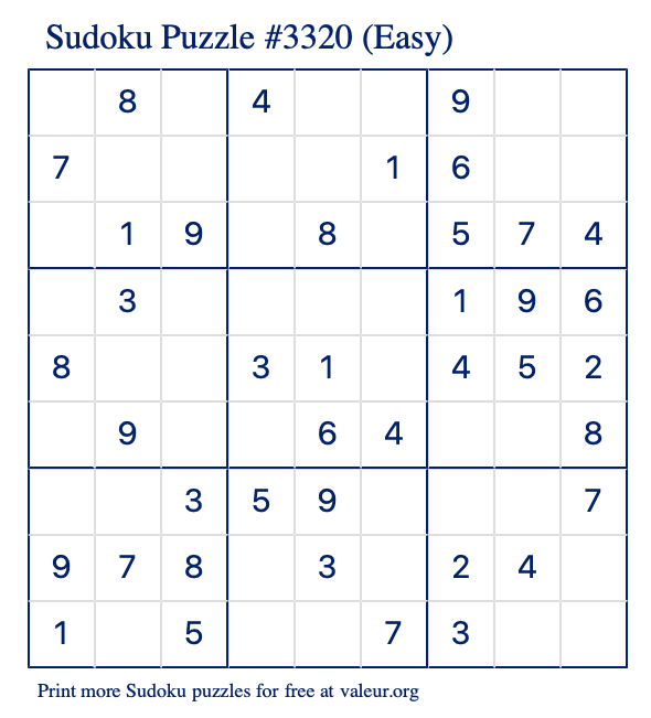 Free Printable Easy Sudoku Puzzle number 3320