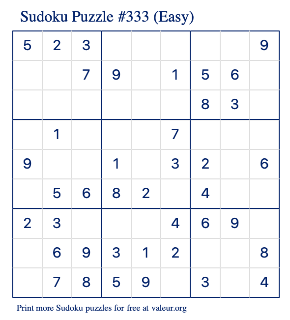 Free Printable Easy Sudoku Puzzle number 333