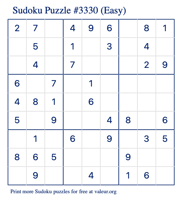 Free Printable Easy Sudoku Puzzle number 3330