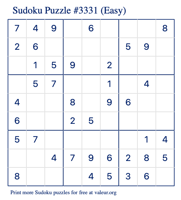 Free Printable Easy Sudoku Puzzle number 3331