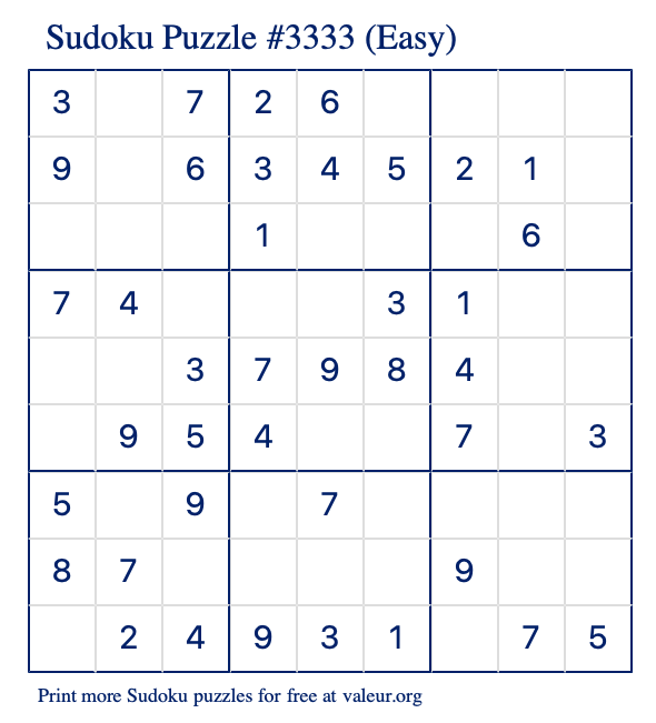 Free Printable Easy Sudoku Puzzle number 3333
