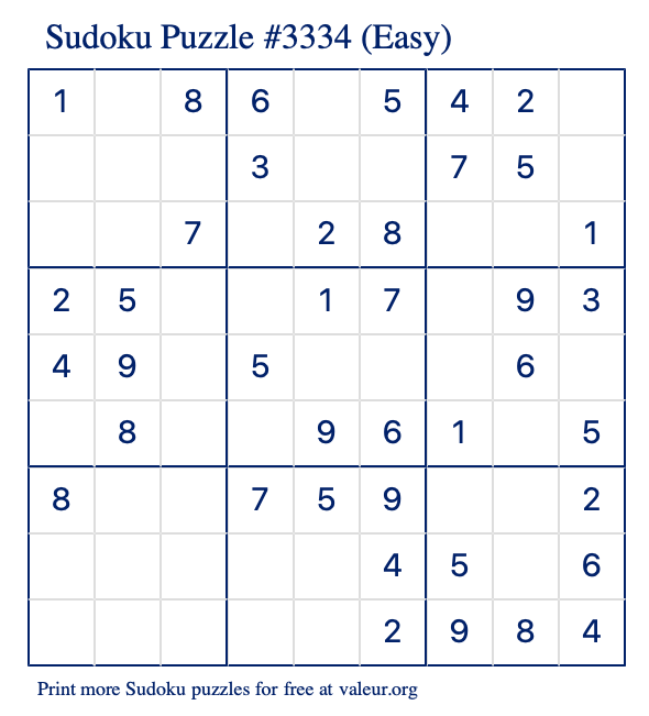 Free Printable Easy Sudoku Puzzle number 3334