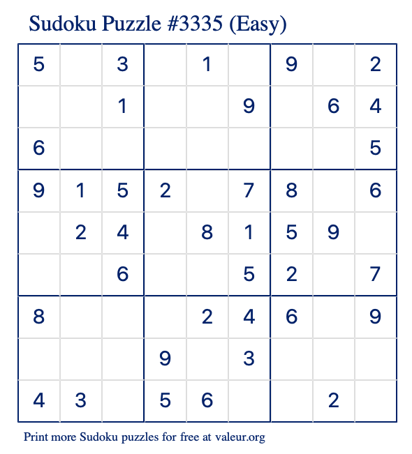 Free Printable Easy Sudoku Puzzle number 3335