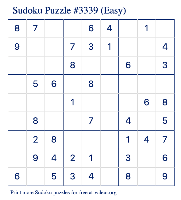 Free Printable Easy Sudoku Puzzle number 3339